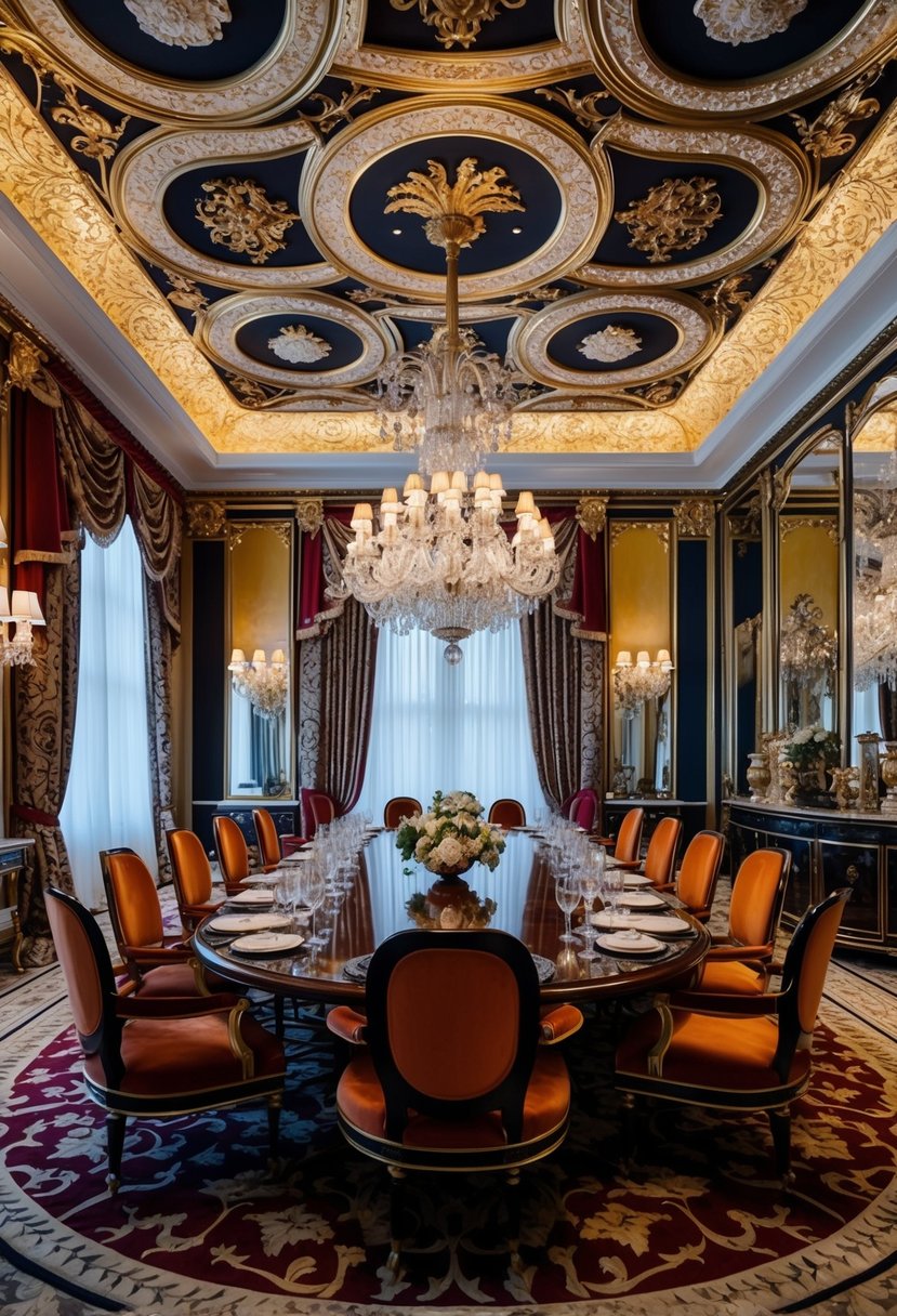 A grand dining room with ornate, textured ceiling designs and opulent decor. Rich colors, intricate patterns, and luxurious furnishings create a maximalist atmosphere