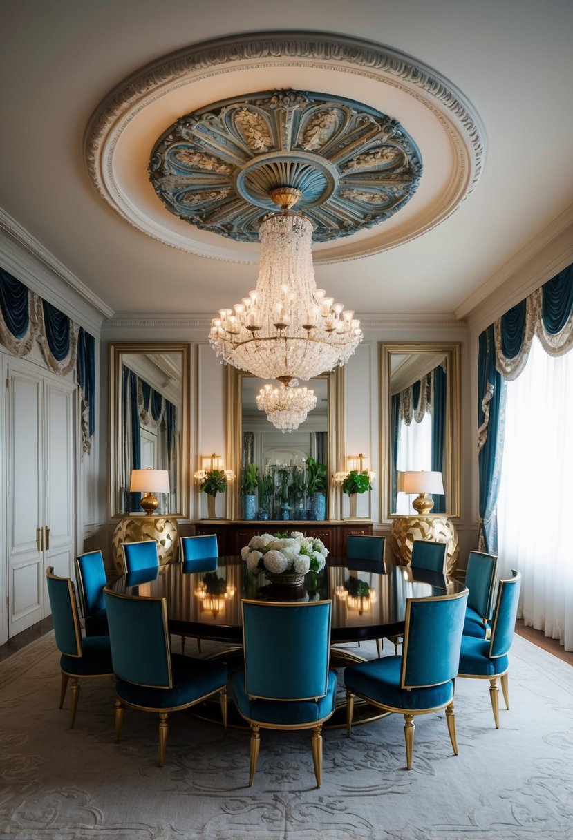 A grand dining room with an ornate, statement ceiling medallion surrounded by opulent, maximalist decor and luxurious furnishings