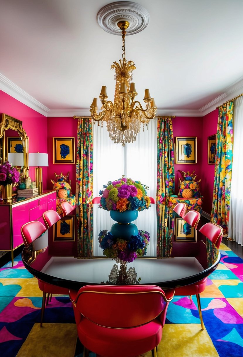 A glossy lacquer dining table surrounded by vibrant, eclectic decor in a maximalist dining room