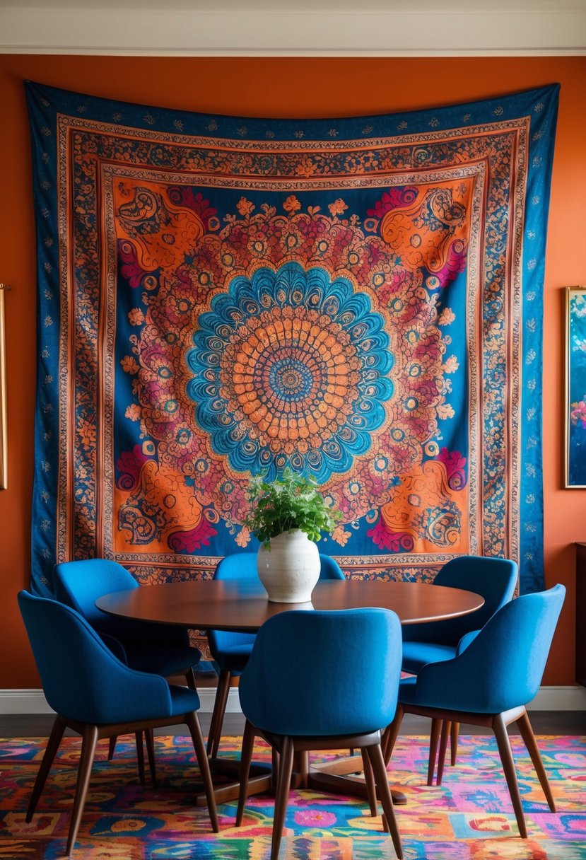 An ornate tapestry hangs on a vibrant, pattern-filled dining room wall. Rich colors and intricate designs create a maximalist aesthetic