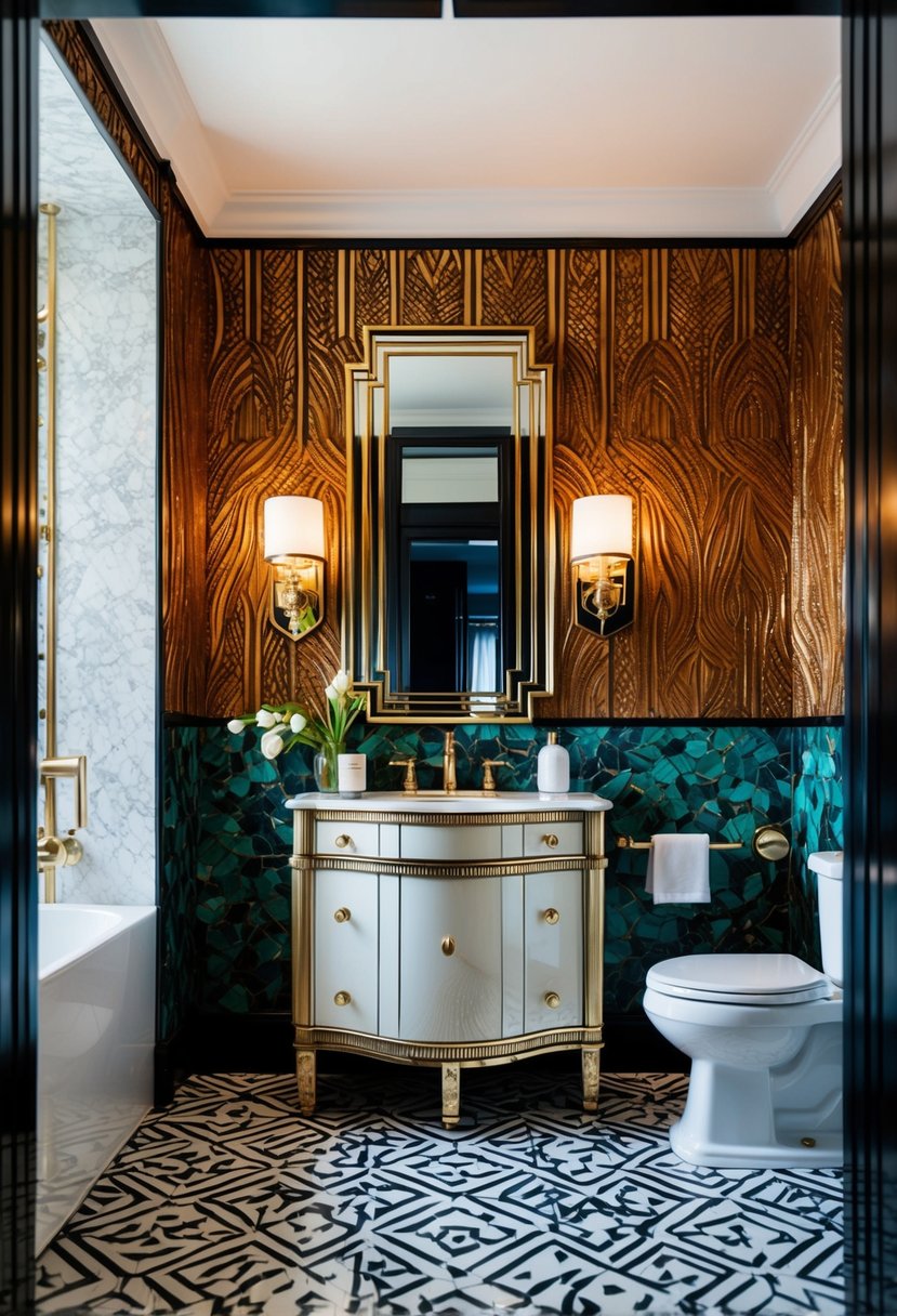 A luxurious Art Deco vanity surrounded by bold patterns and rich textures in a maximalist bathroom