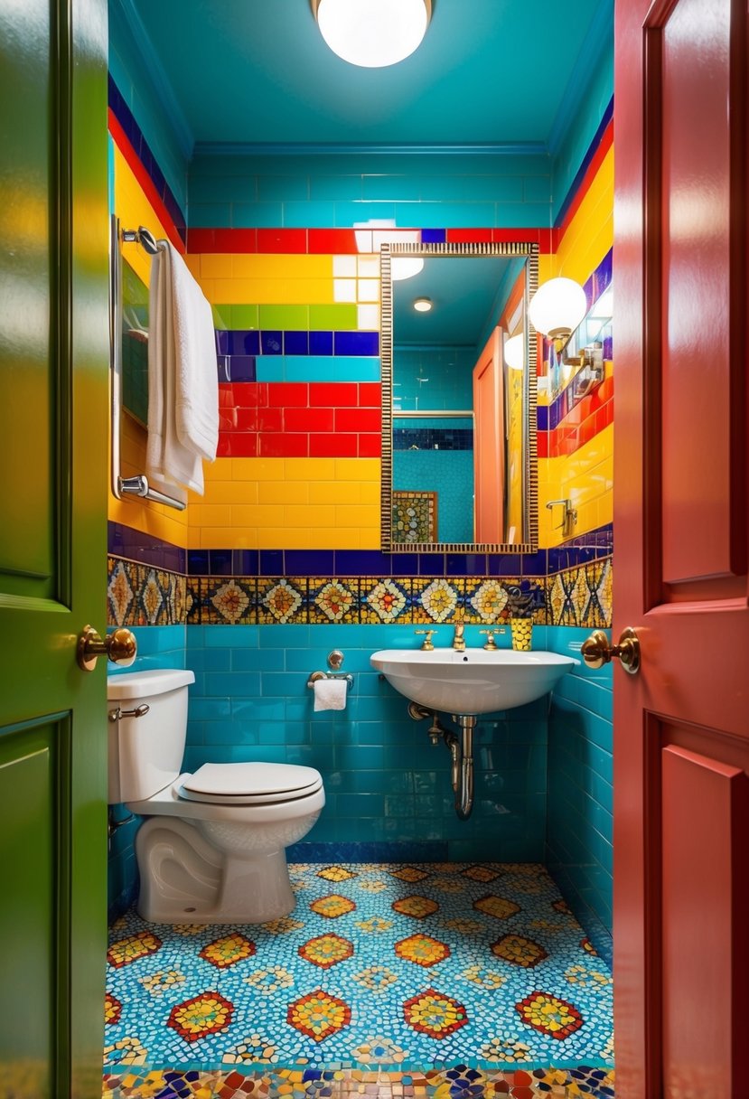 A vibrant, eclectic bathroom with a mosaic tile floor in a maximalist design. Bold patterns and colors create a visually stimulating space