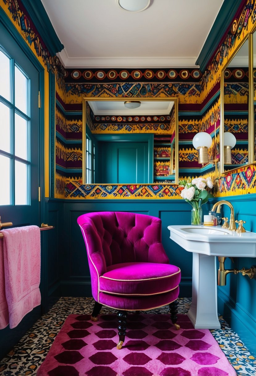 A luxurious velvet dressing chair sits in a vibrant, maximalist bathroom with bold patterns and rich colors