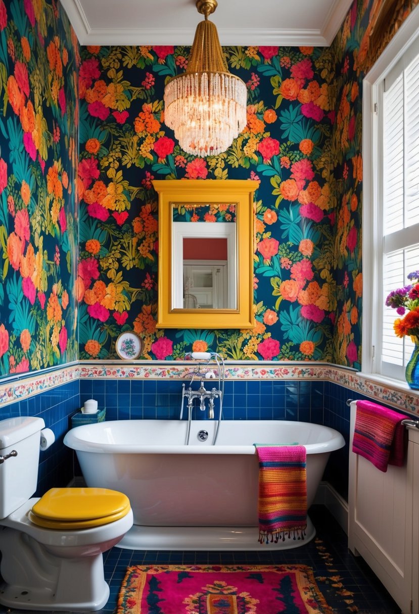 A bathroom with bold floral wallpaper, vibrant colors, and eclectic decor