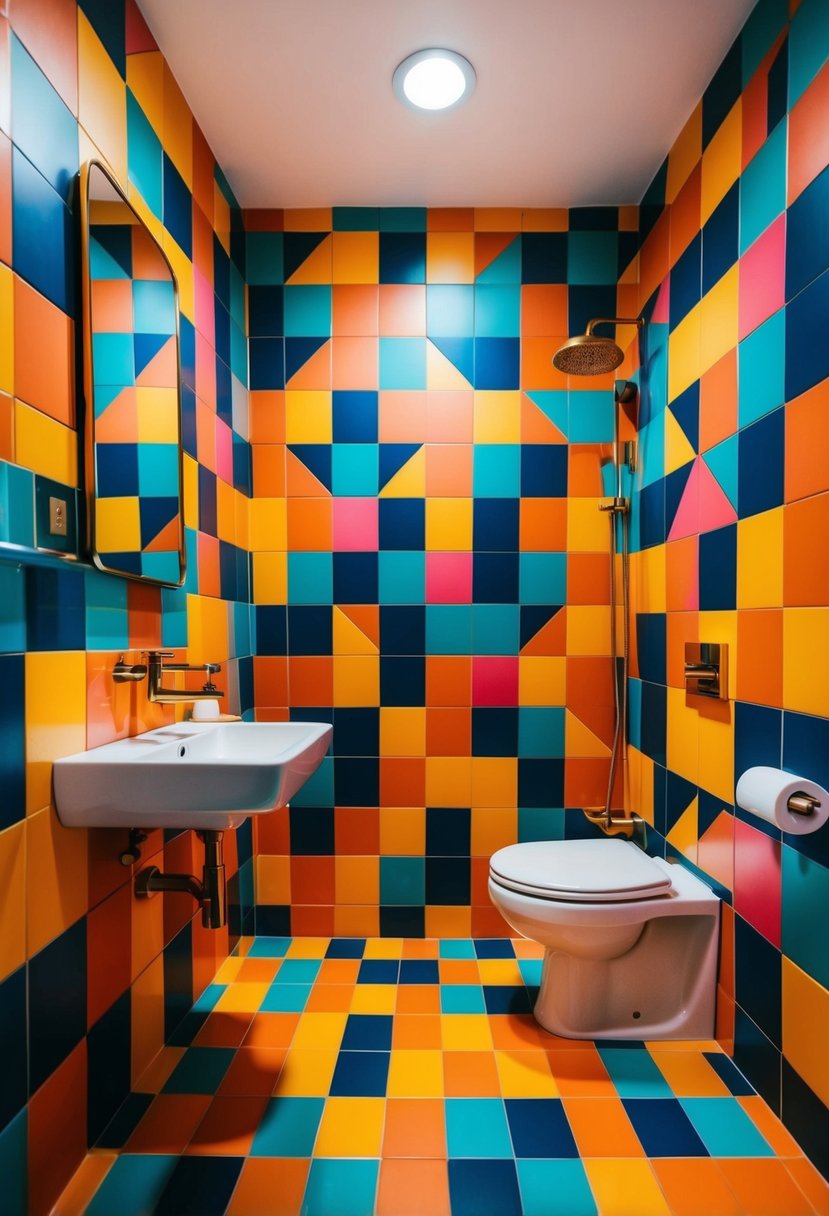 A vibrant bathroom with bold, geometric tile patterns covering the walls and floor, creating a maximalist and visually striking atmosphere