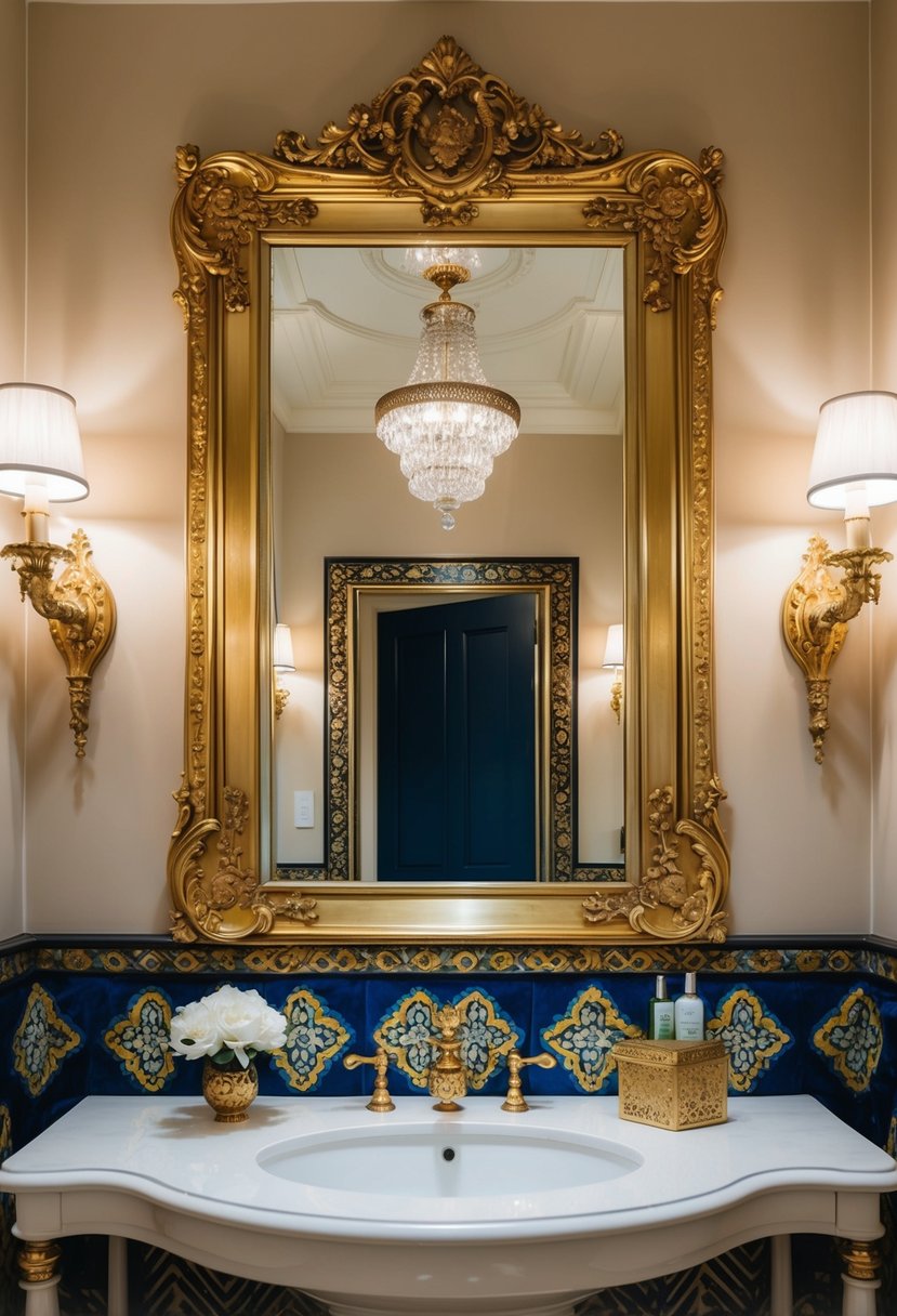 A grand gold-accented mirror hangs above a luxurious, maximalist bathroom with ornate fixtures and bold patterns