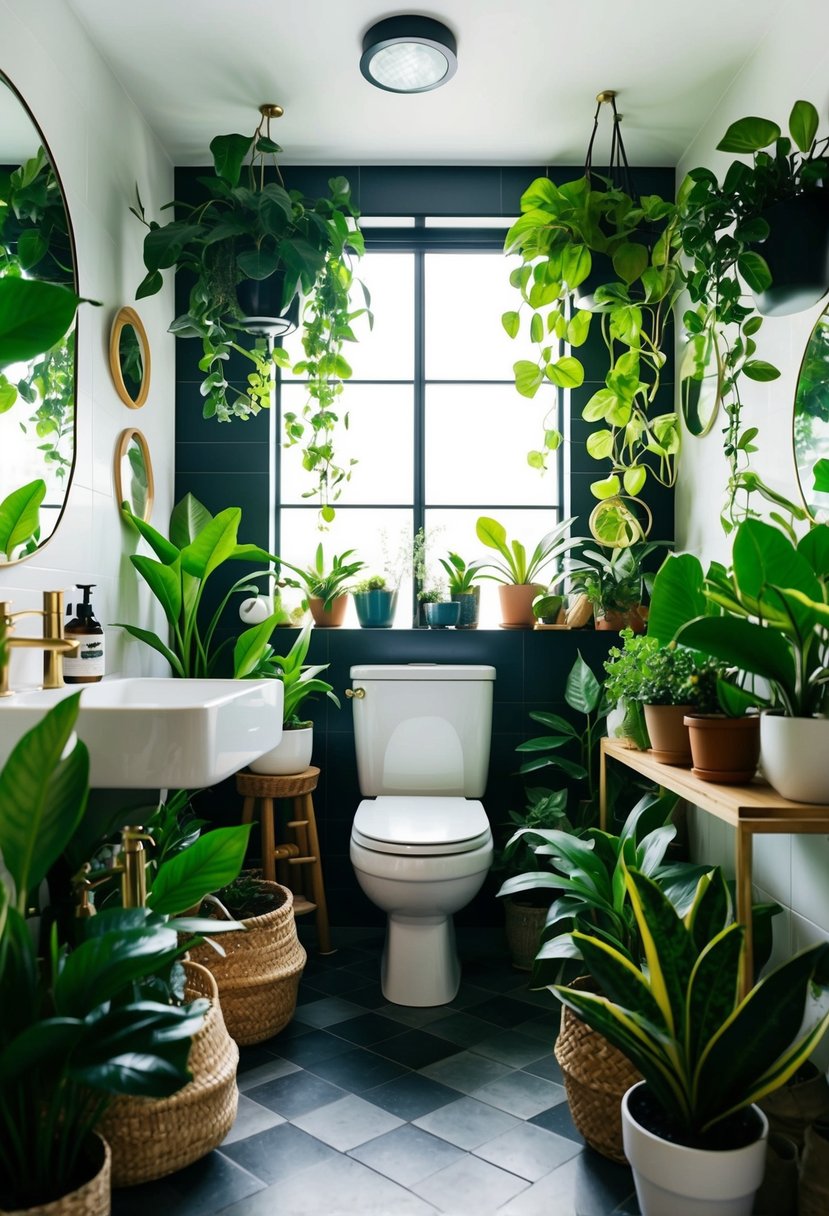 A bathroom filled with a variety of lush, indoor plants, creating a maximalist and natural atmosphere
