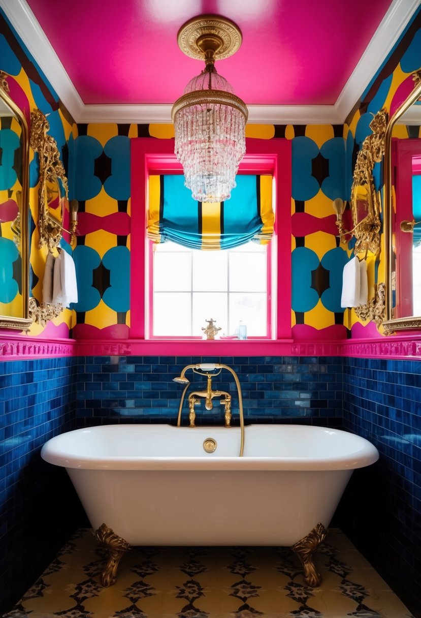 A vintage clawfoot tub sits in a maximalist bathroom, surrounded by bold patterns, vibrant colors, and ornate fixtures