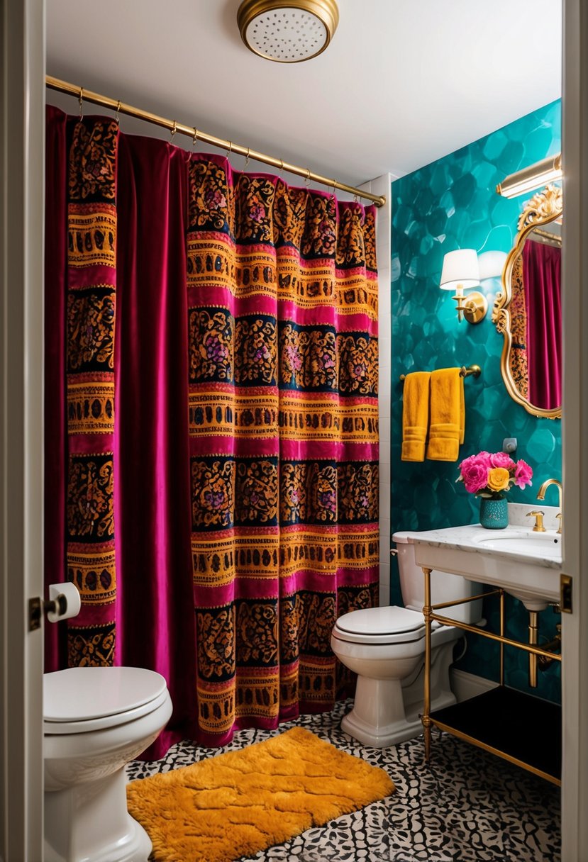 A luxurious bathroom with a vibrant, maximalist design featuring a rich velvet shower curtain as the focal point. Bold patterns and eclectic decor create a visually stimulating environment