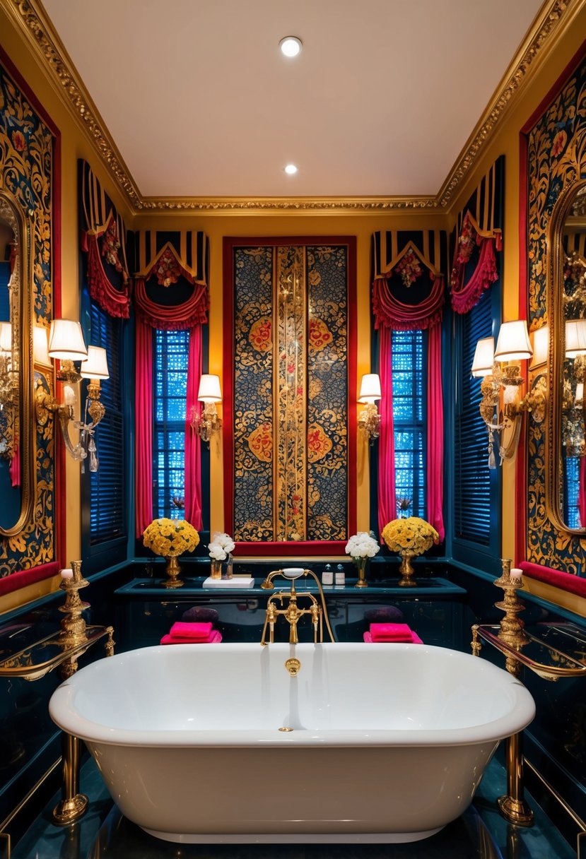 A luxurious deep soaking tub surrounded by bold, maximalist bathroom decor. Rich colors, intricate patterns, and lavish details create a visually stunning space