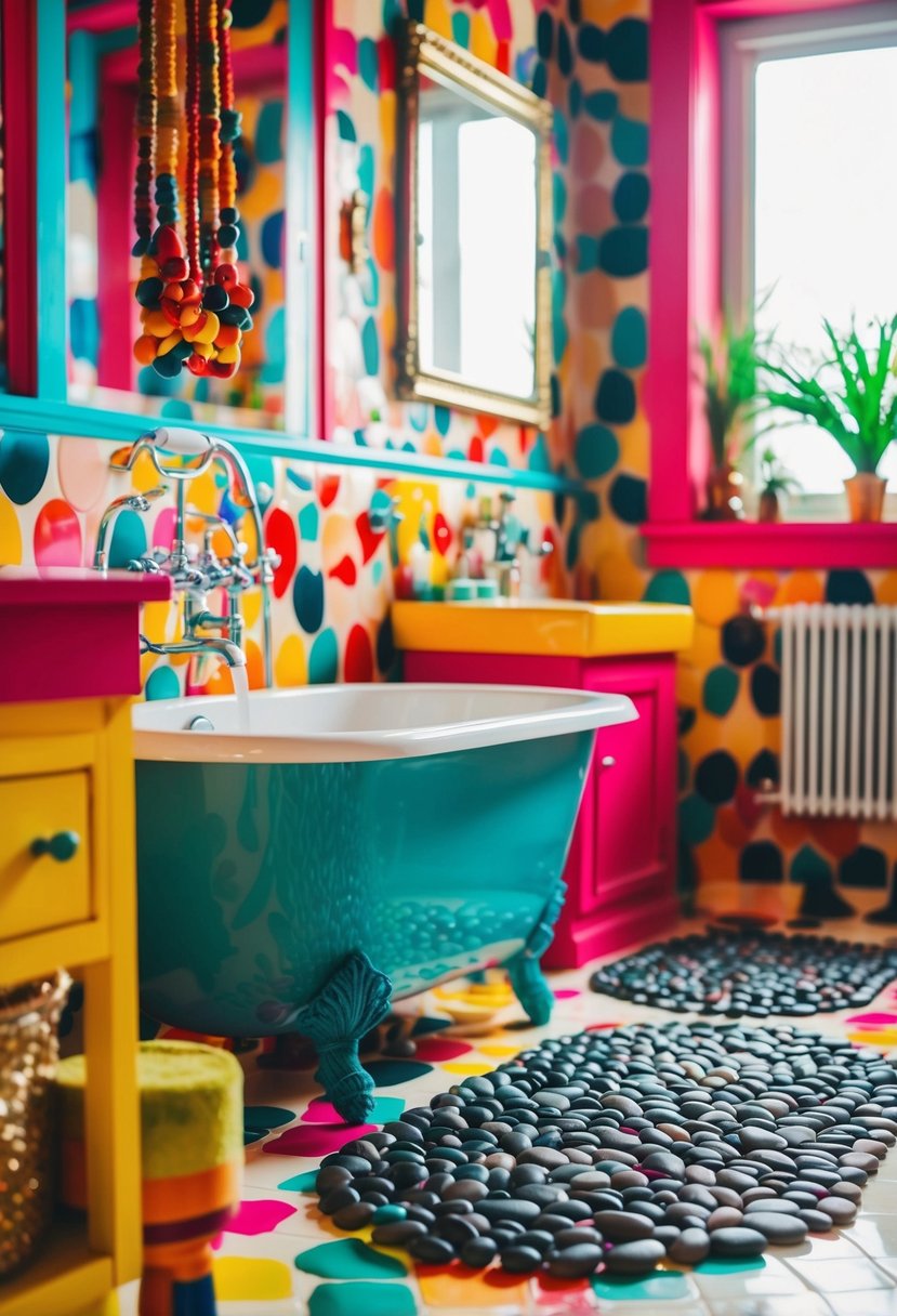 A colorful, eclectic bathroom with a pebble bath mat and vibrant decor