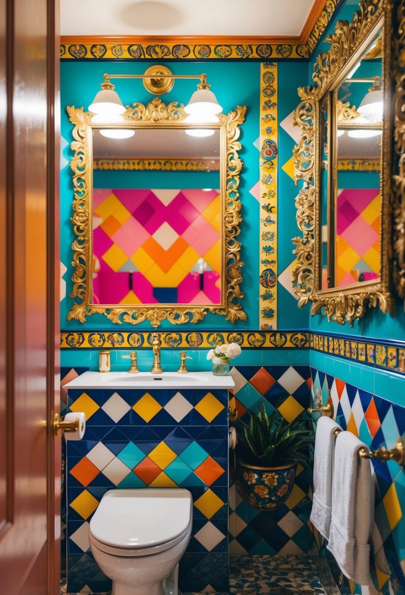 A vibrant, eclectic bathroom with bold patterns, colorful tiles, and ornate mirrors. The statement wall art adds a dramatic focal point to the maximalist design