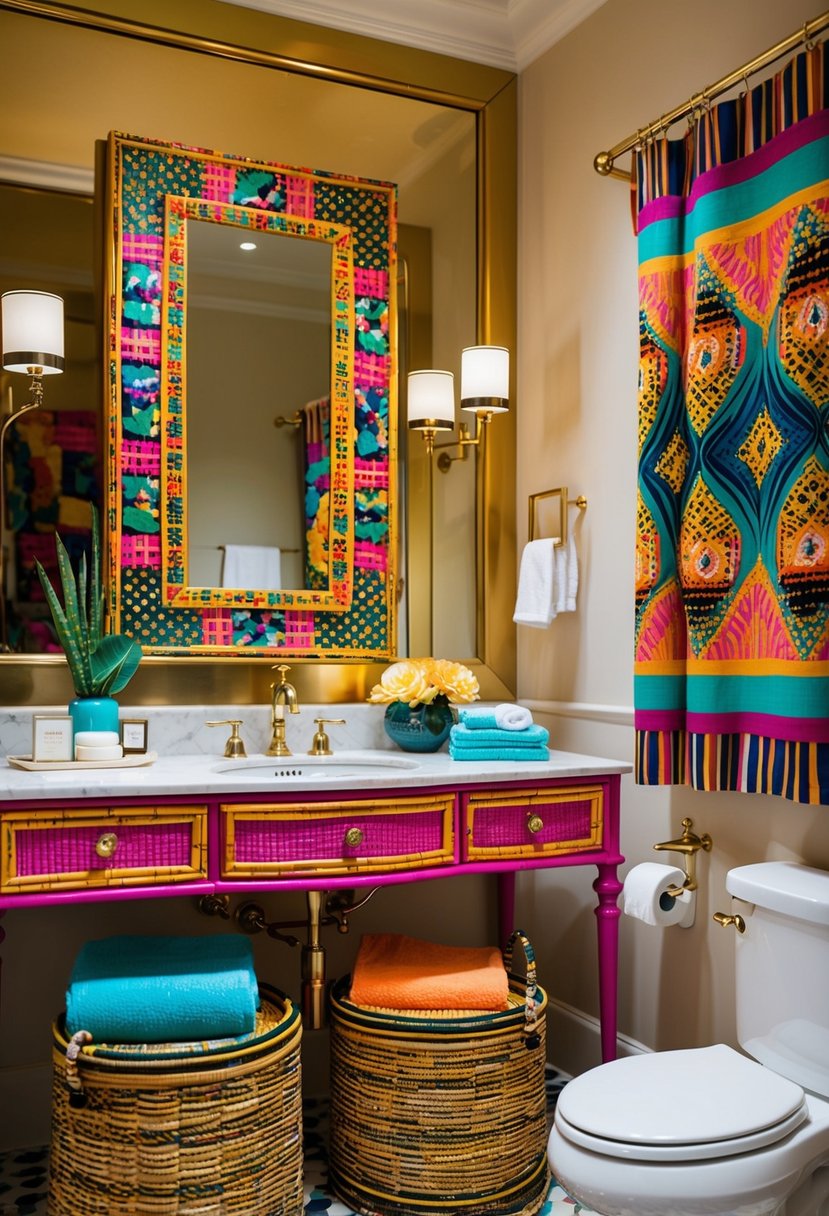 A luxurious bathroom with vibrant, eclectic decor features rattan storage baskets filled with towels and toiletries. Bold patterns and colorful accents create a maximalist aesthetic