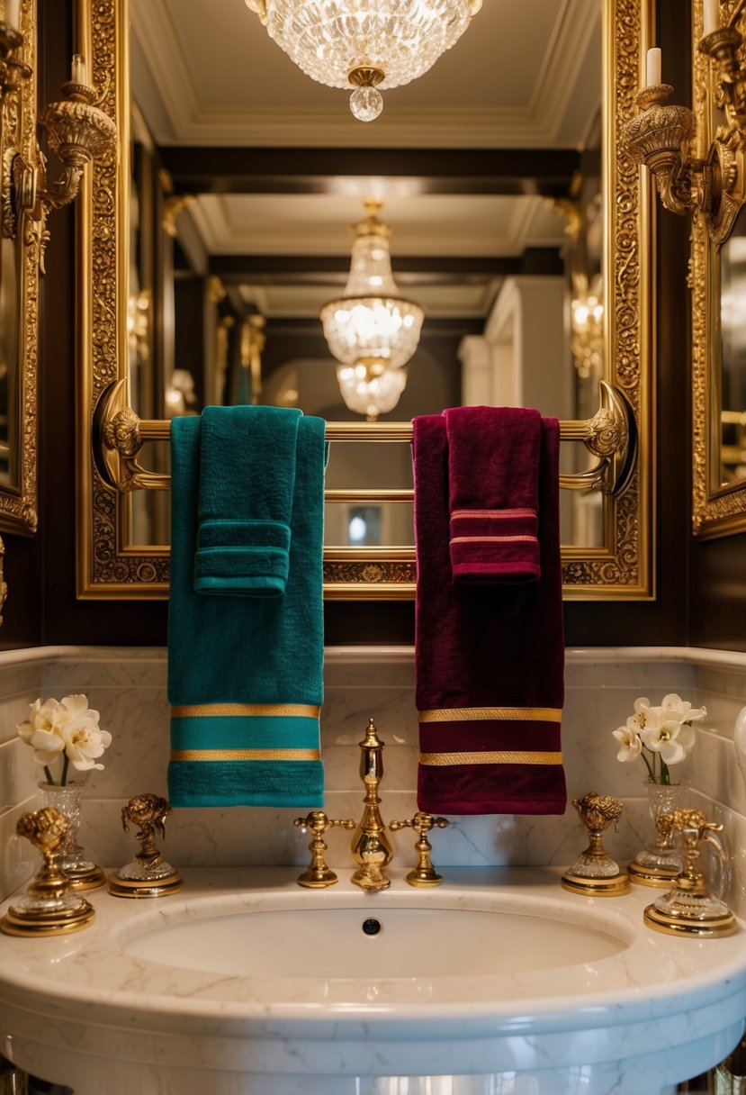 A luxurious bathroom with rich jewel-toned towels draped over a gilded towel rack, surrounded by opulent decor and ornate fixtures