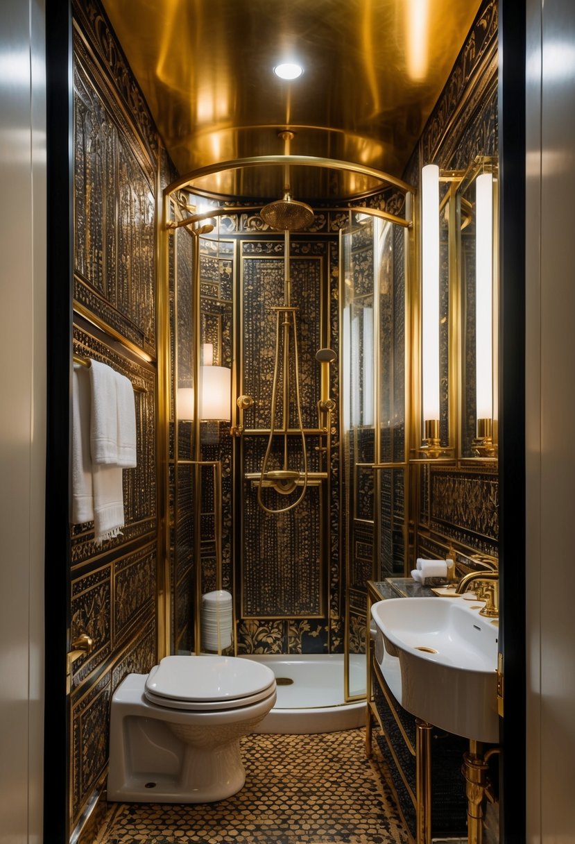 A luxurious bathroom with brass shower fixtures surrounded by bold, maximalist design elements and rich textures
