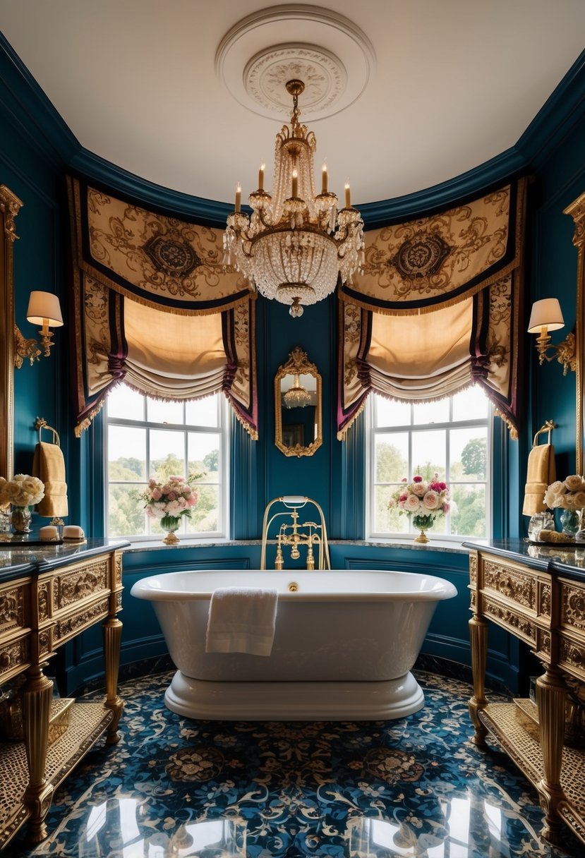 A grand bathroom with classic Roman blinds, adorned with maximalist decor and luxurious details. Rich colors and ornate patterns create a lavish and opulent atmosphere