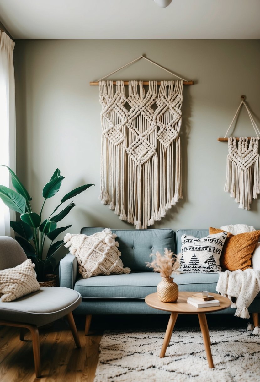 A cozy living room featuring a prominent macramé wall hanging, surrounded by Scandinavian and bohemian elements