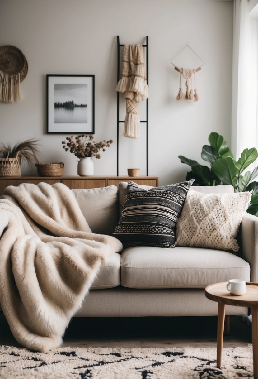 A warm living room with a sheepskin throw elegantly draped over a neutral-toned sofa, enclosed by Bohemian and Scandinavian accents