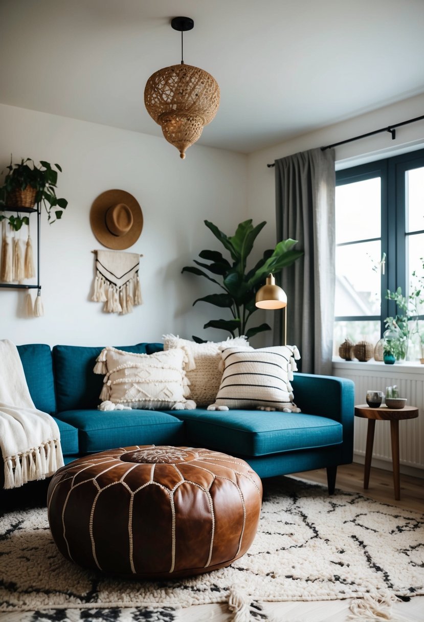 A warm living room spotlighting a Moroccan pouf alongside Scandinavian and Bohemian decor pieces