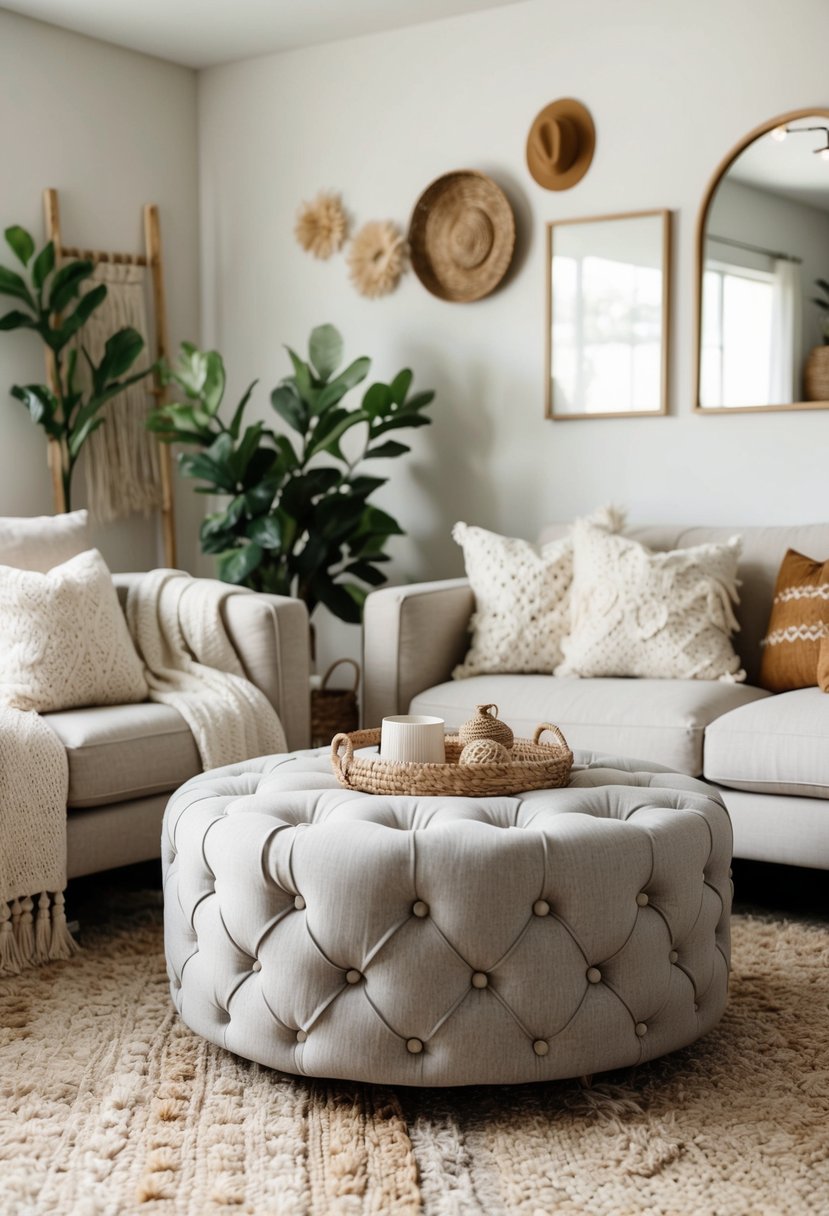 Tufted ottoman with neutral tones positioned in a cozy Scandi Boho living room surrounded by natural textures and greenery