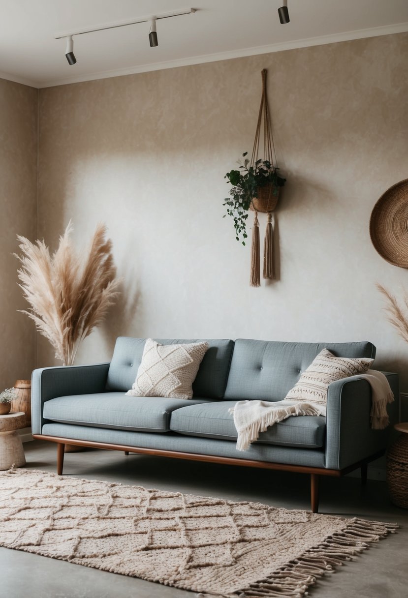 A midcentury modern sofa placed within a Scandi Boho living room, framed by natural textures, earthy colors, and minimalist furnishings