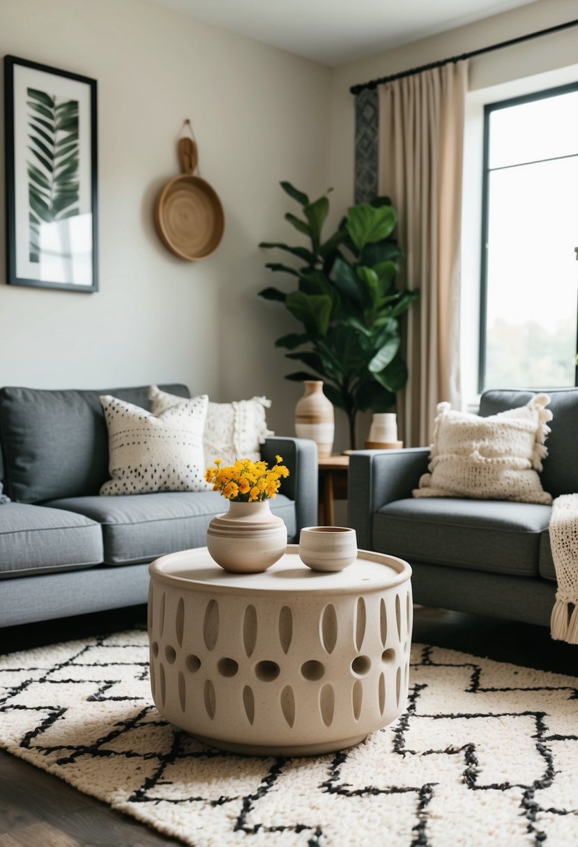 A cozy living room with kiln-fired pottery and Scandi Boho decor