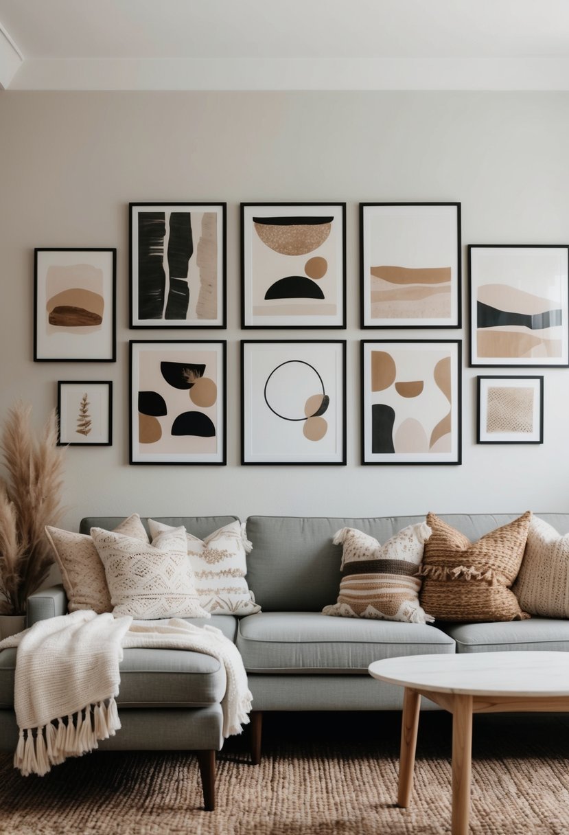 A cozy living room with a gallery wall of Scandi Boho art, featuring natural textures, earthy tones, and minimalist design
