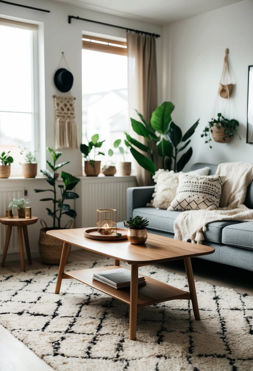 Wooden coffee table in a cozy Scandi Boho living room accented by plants and soft textiles