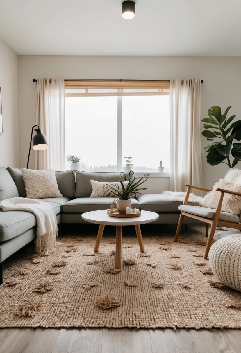 A natural fiber rug in a cozy living room with minimalist furniture and bohemian accents contributing to a relaxed and inviting vibe