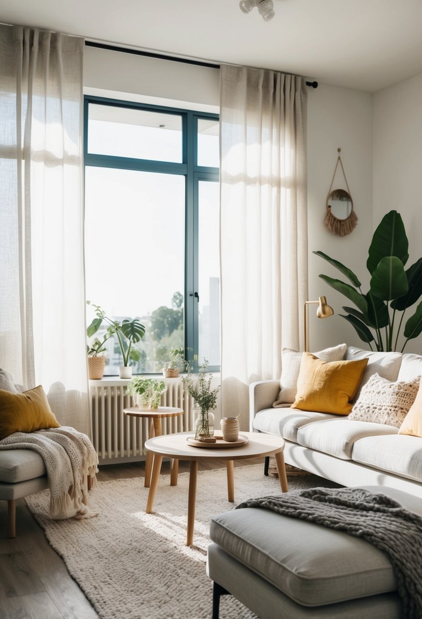 Soft sunlight filtering through linen curtains in a cozy living room adorned with minimalist Scandi Boho decor
