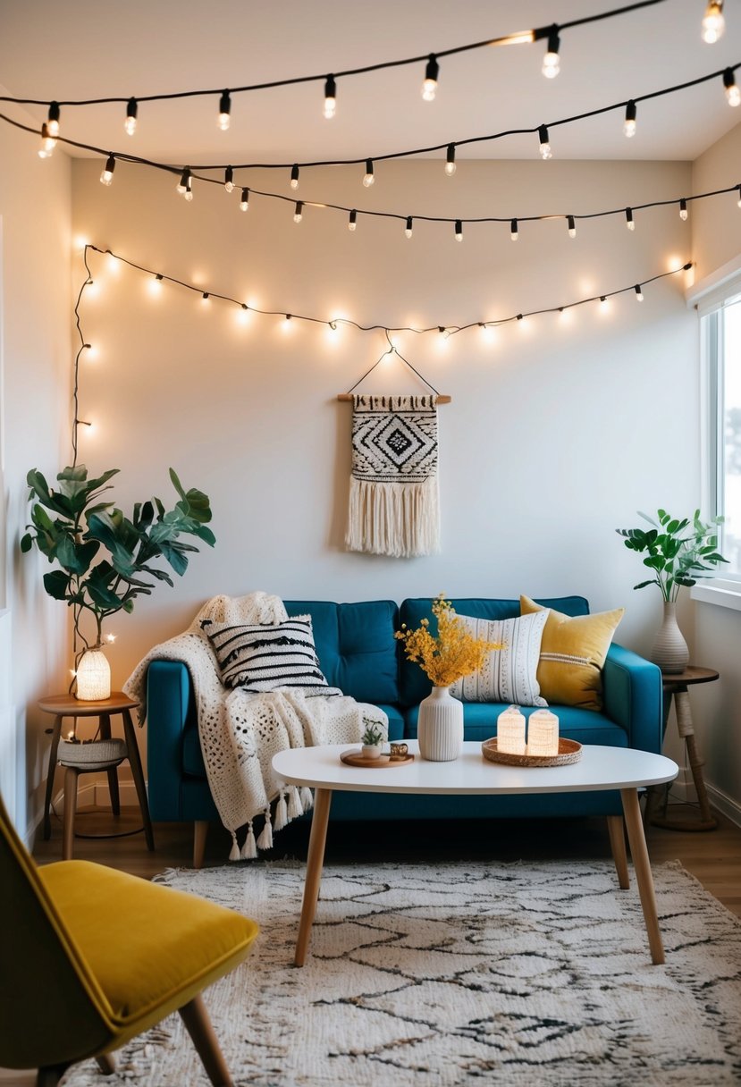 Living room with string lights, Bohemian textiles, and Scandinavian-style furnishings