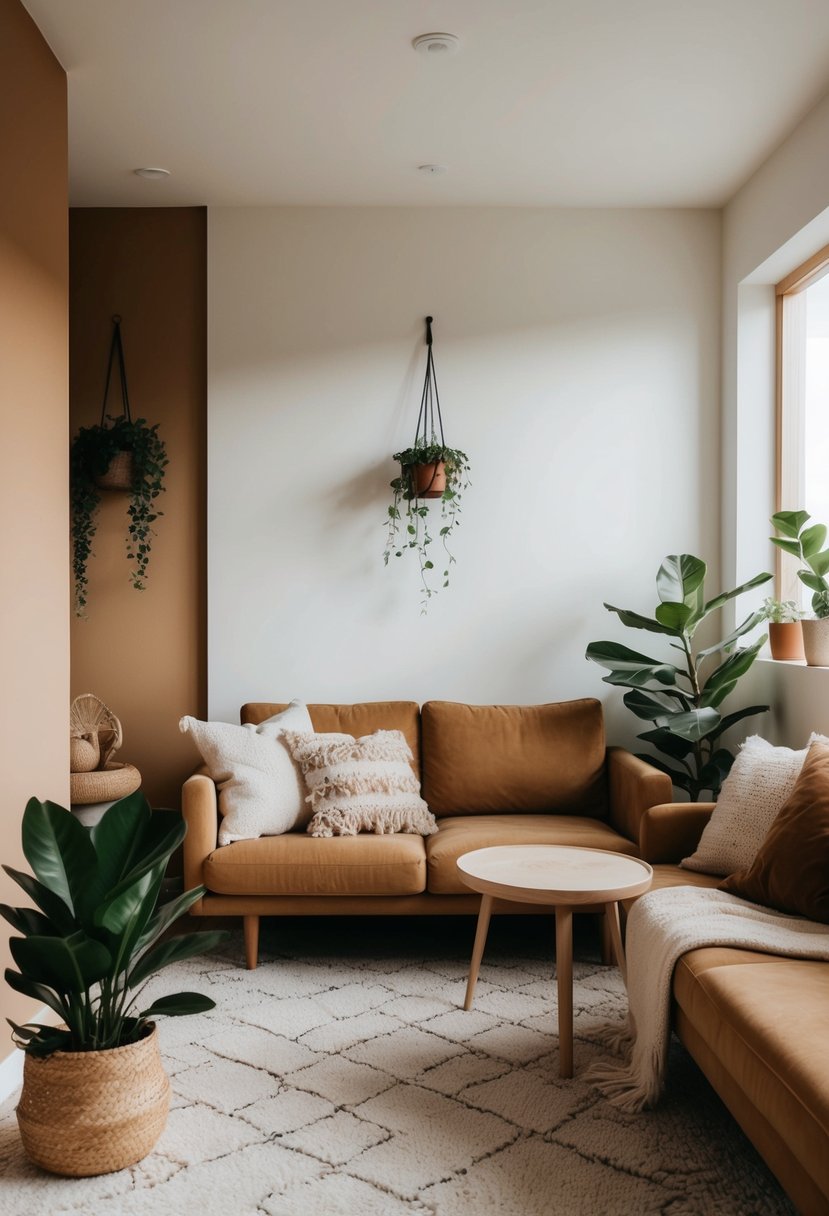 Minimalist living room with natural materials and sustainable, eco-friendly paint accents