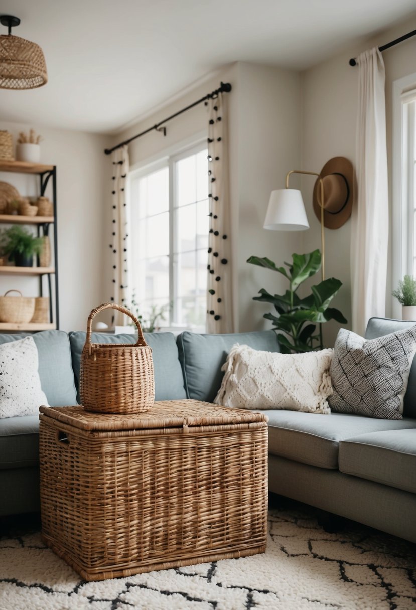 Wicker basket storage incorporated into a cozy living room with Scandinavian and Bohemian styling