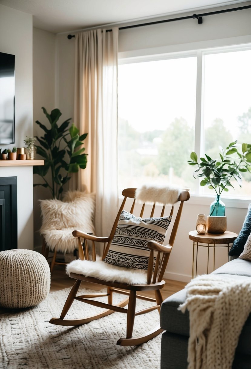 A cozy living room with a Scandi-style rocking chair as the focal point, surrounded by boho decor and natural light