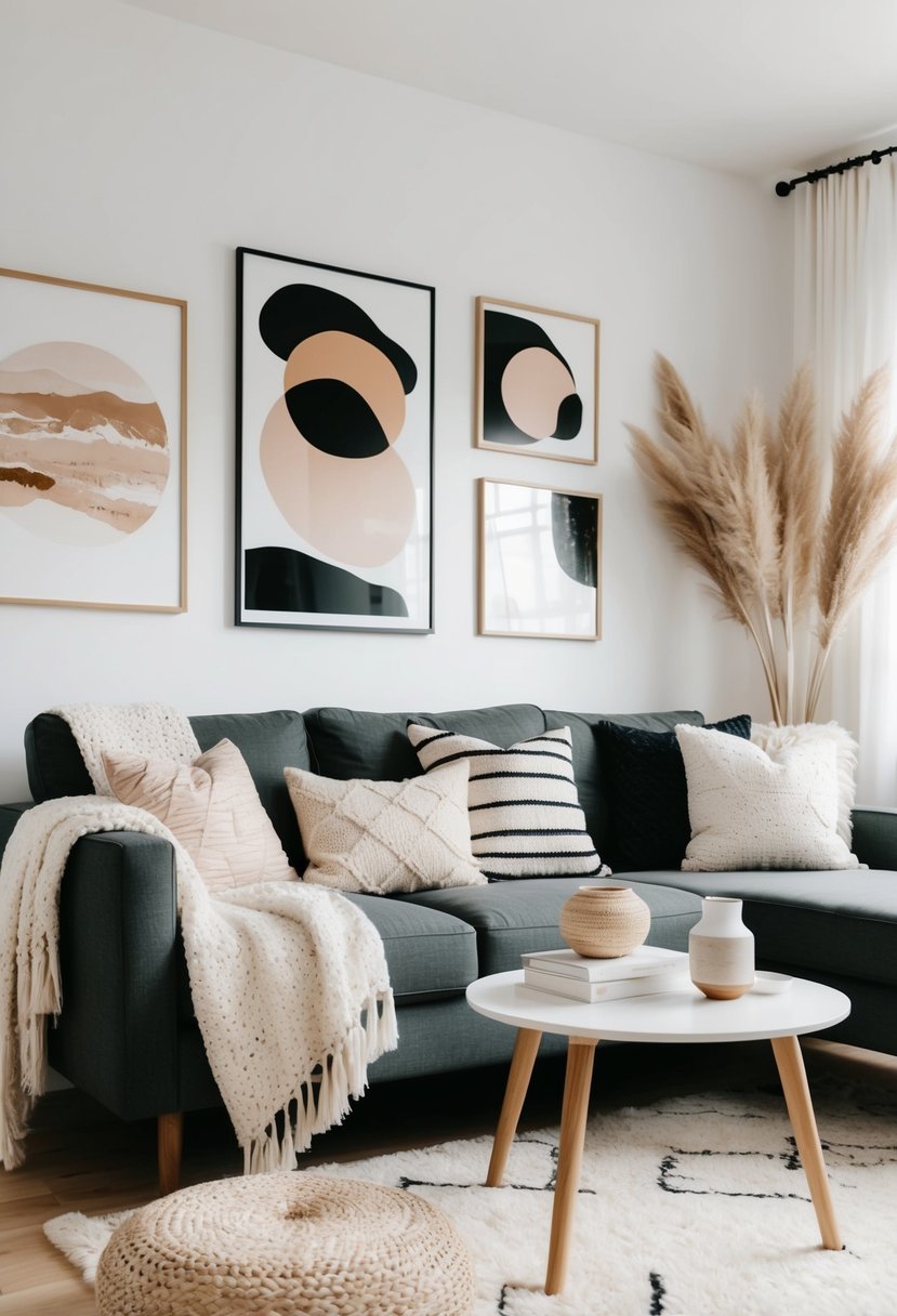 Abstract art prints complementing a cozy Scandi Boho living room with natural textures and minimalistic furniture