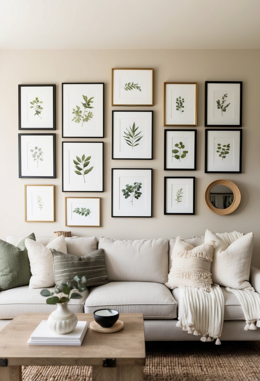 A cozy living room with neutral tones, natural textures, and a gallery wall of framed botanical prints