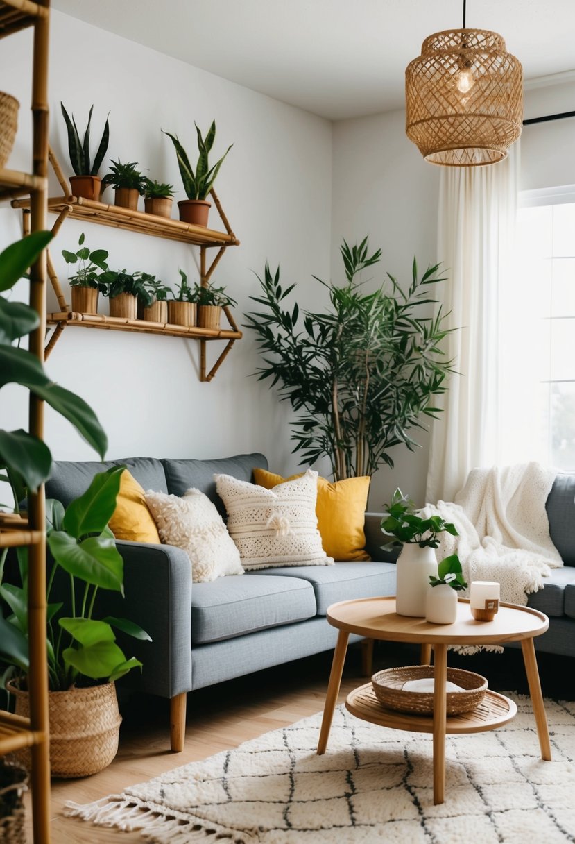 Living room showcasing bamboo plant shelves with natural light and Scandi Boho decor
