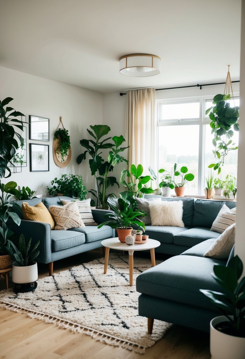 A cozy living room with a mix of Scandinavian and bohemian decor, featuring an array of lush houseplants scattered throughout the space