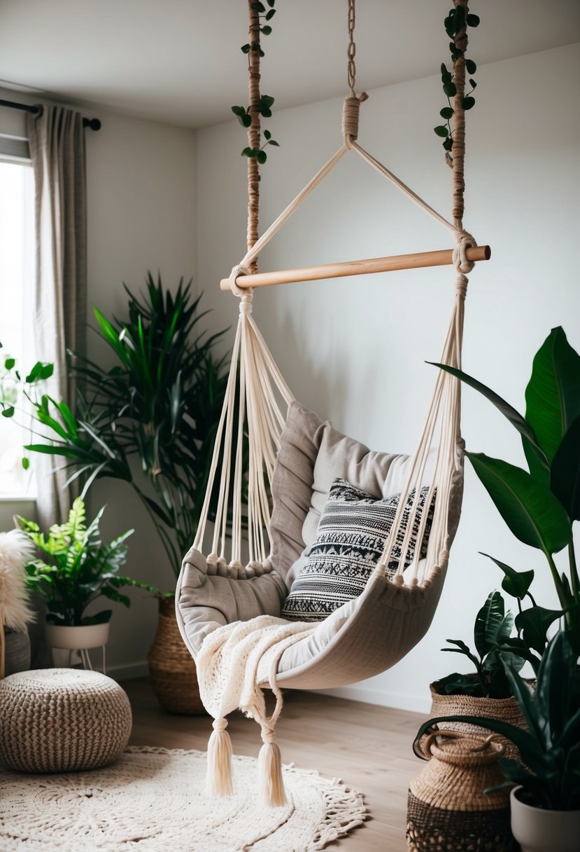 A cozy hammock chair hangs in a Scandi boho living room, surrounded by plants and natural textures