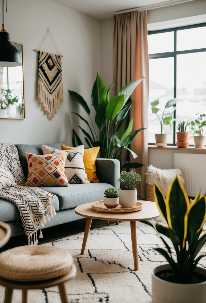 A cozy living room with geometric textiles, plants, and bohemian decor