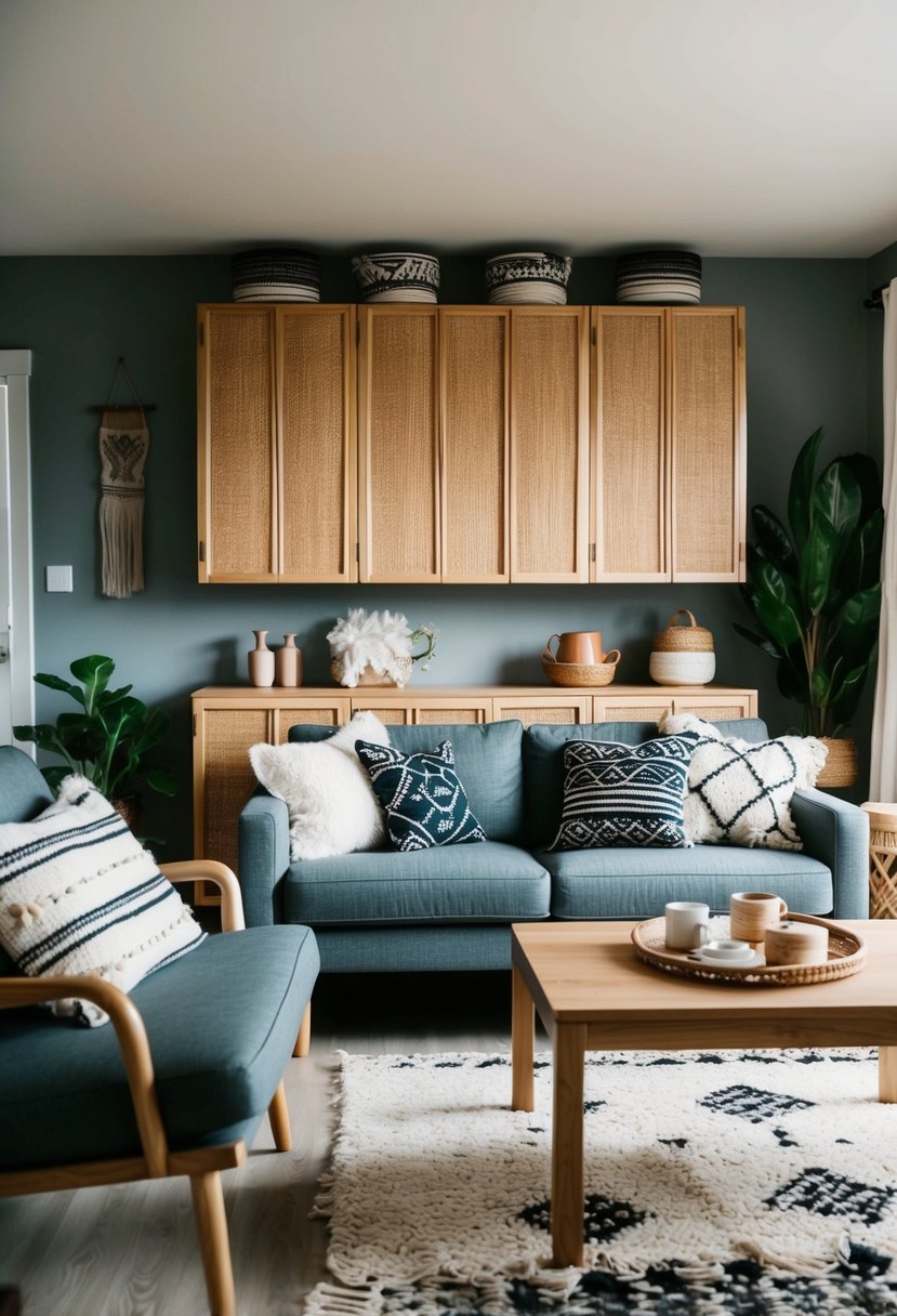 A cozy living room with cane-front cabinets, bohemian textiles, and Scandinavian decor