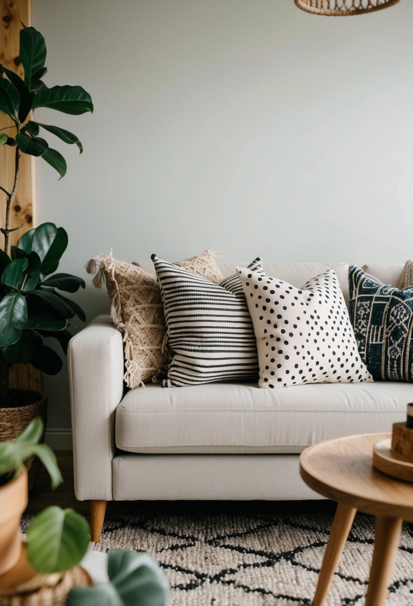 A cozy living room with patterned throw pillows on a neutral-colored sofa. A mix of Scandi and Boho decor, with natural wood accents and green plants