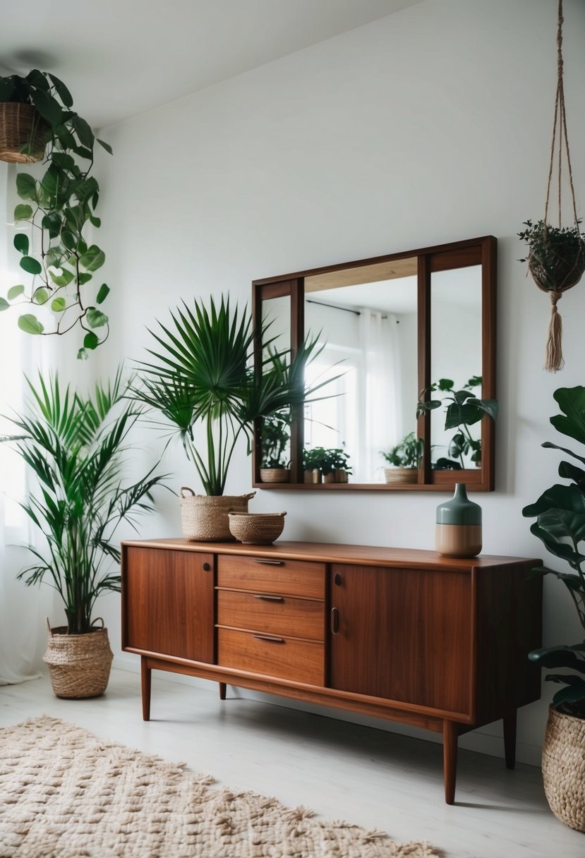 A Danish teak sideboard sits in a Scandi boho living room, surrounded by plants and natural textures