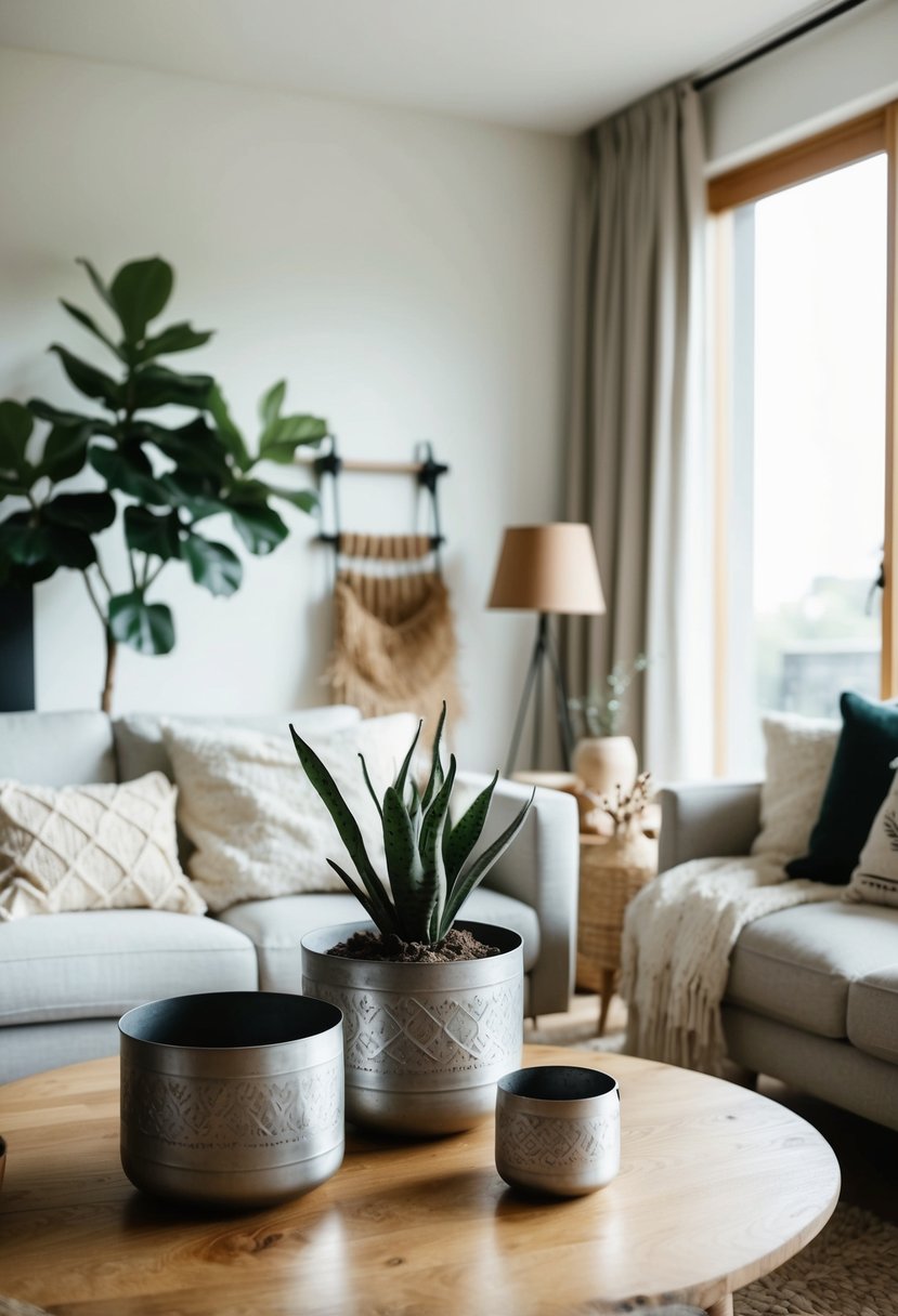 A cozy living room with embossed metal planters, natural materials, and minimalist decor in a Scandi Boho style
