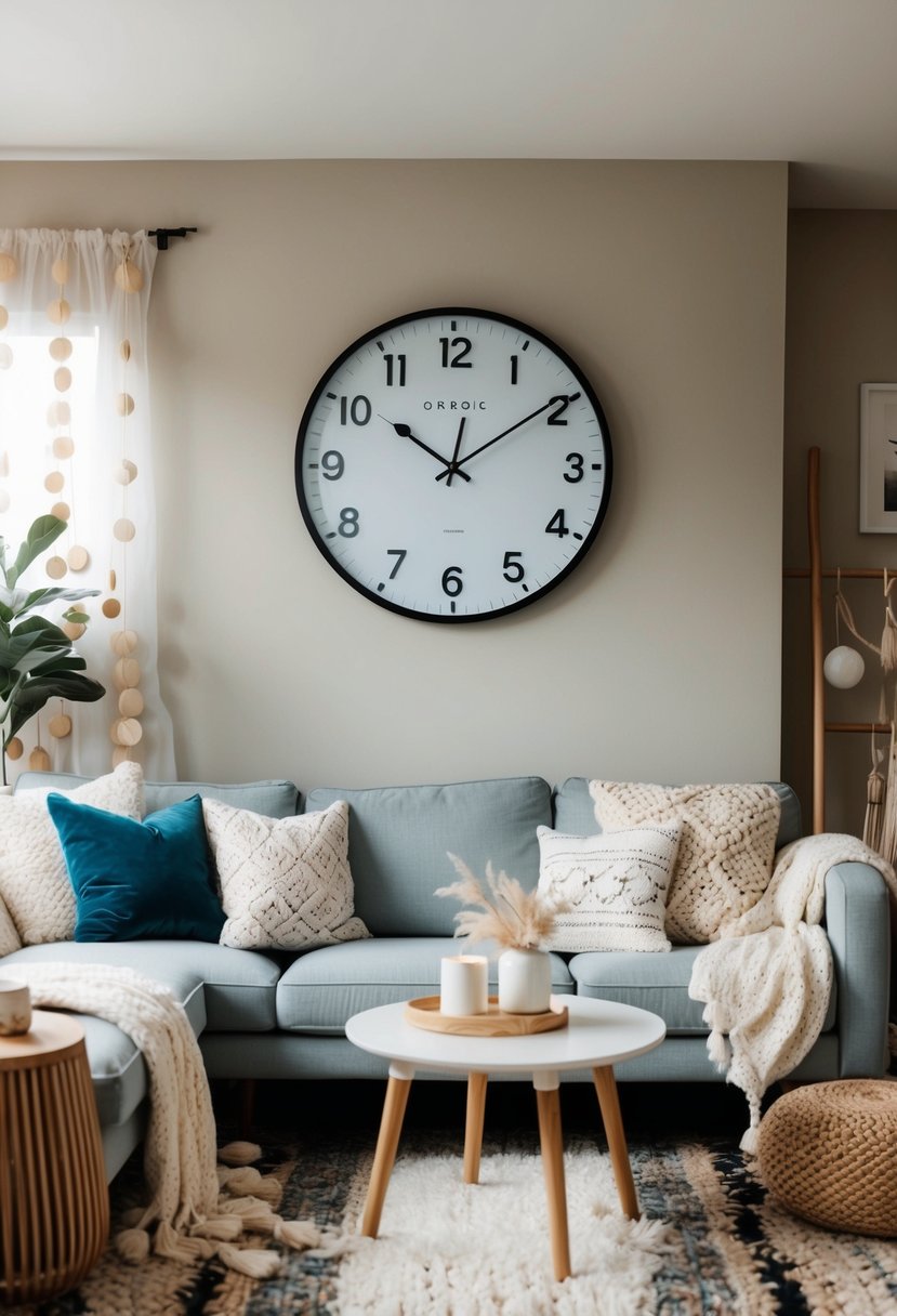 A cozy living room with a Nordic-inspired wall clock, surrounded by Scandi Boho decor and furniture