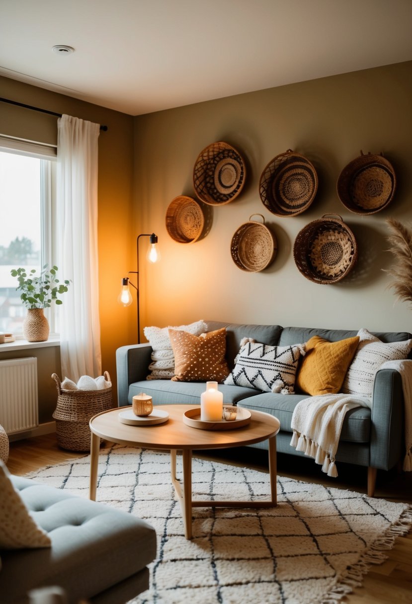 A cozy living room with handmade wall baskets, warm lighting, and Scandi Boho decor