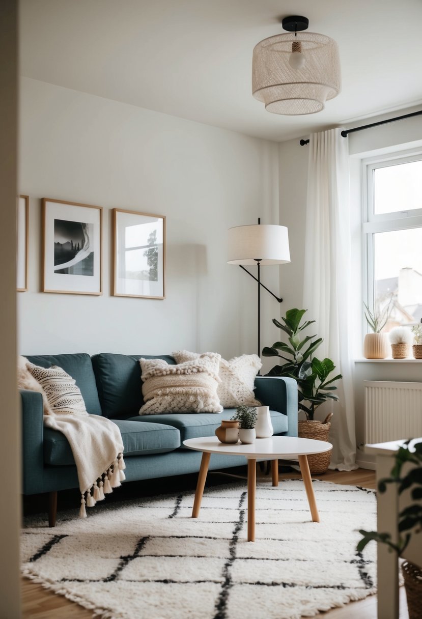 A cozy living room with a minimalist floor lamp, Scandinavian and Boho decor