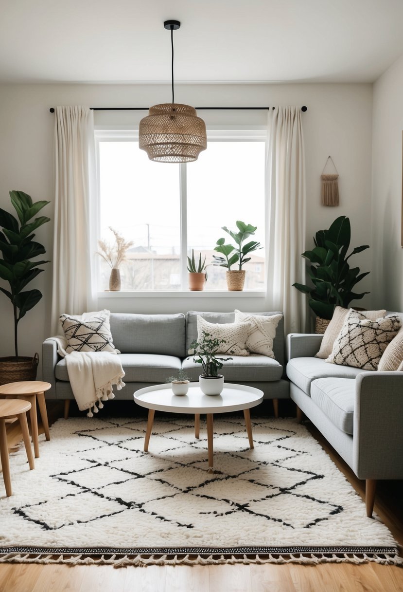 A cozy living room with a large Beni Ourain rug, minimalist Scandinavian furniture, and bohemian accents like plants and textiles