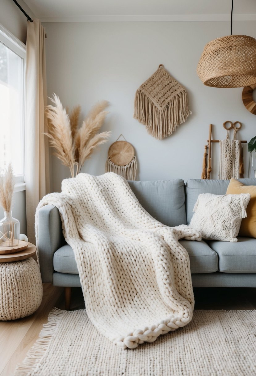 A cozy living room with a large, oversized knit blanket draped over a comfy sofa, surrounded by Scandi Boho decor and soft, natural lighting