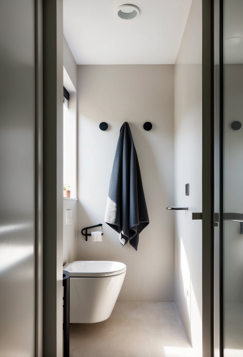 A modern ensuite bathroom with Muuto Dots coat hooks, minimalist Scandinavian design, and natural light